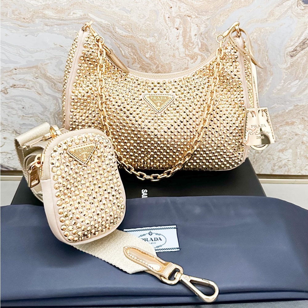 In Stores! Prada Crystal Embellished Metallic Re-Edition 2005 Gold Shoulder Bag - Picture 16 of 16